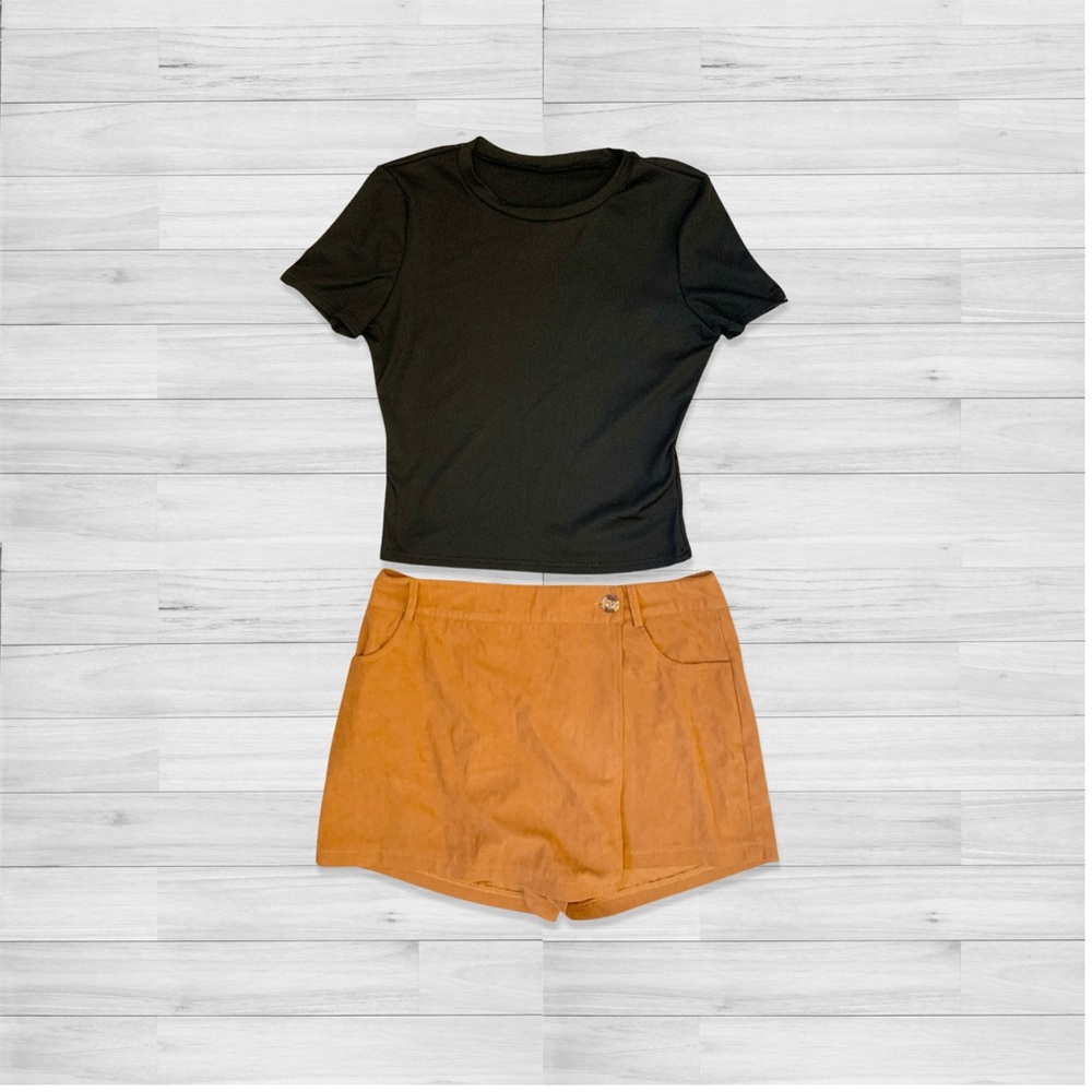 Black Ribbed Short Sleeves Top & Brown Corduroy Skort Skirt with Shorts US Large